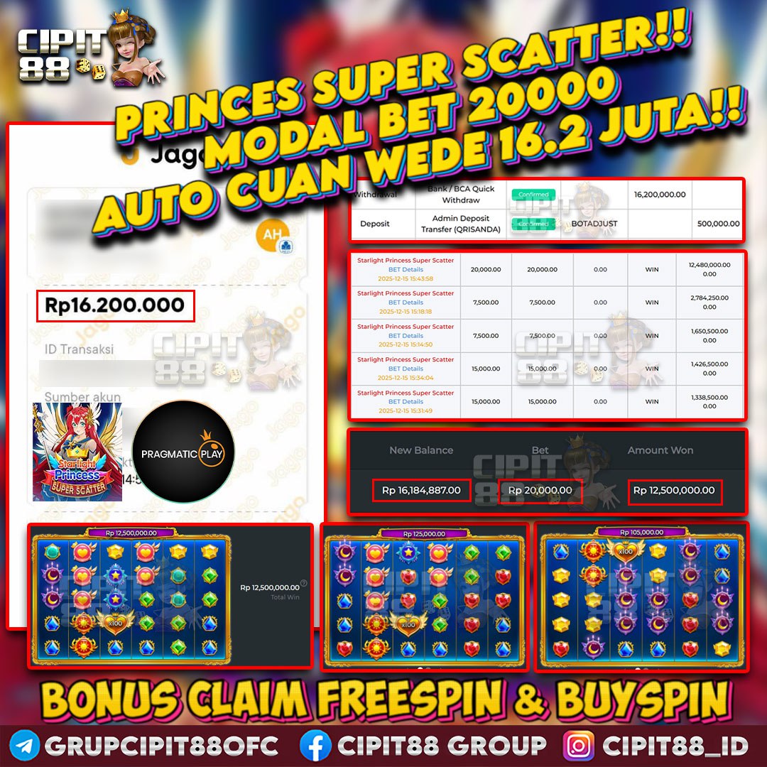 CIPIT88 JACKPOT SLOT STARLIGHT PRINCESS SUPER SCATTER RP 16.200.000 ID : BAR***